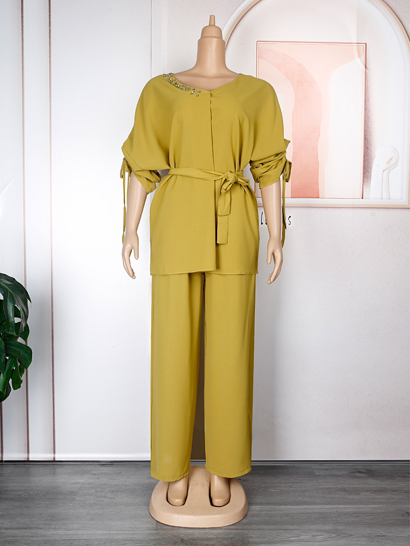 Women's large size feel soft top wide leg pants suit V-neck T-shirt pants_voghion.com