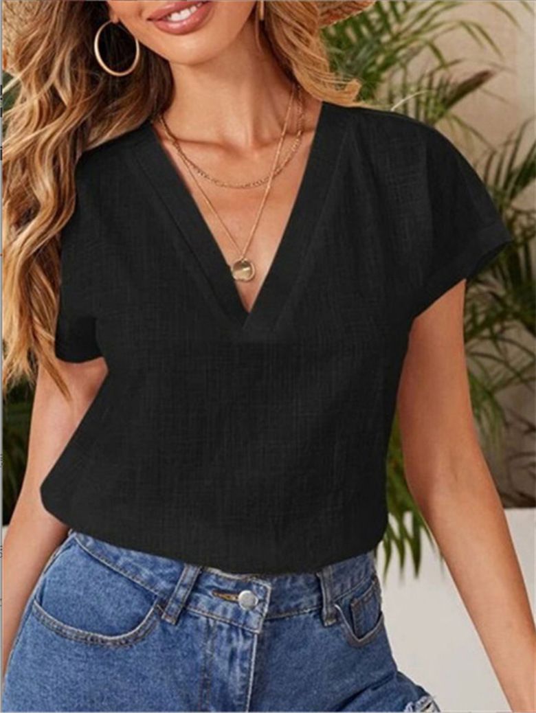 Roupas femininas Nova cor sólida algodão e linho solto manga curta gola V camisa de manga curta_voghion.com