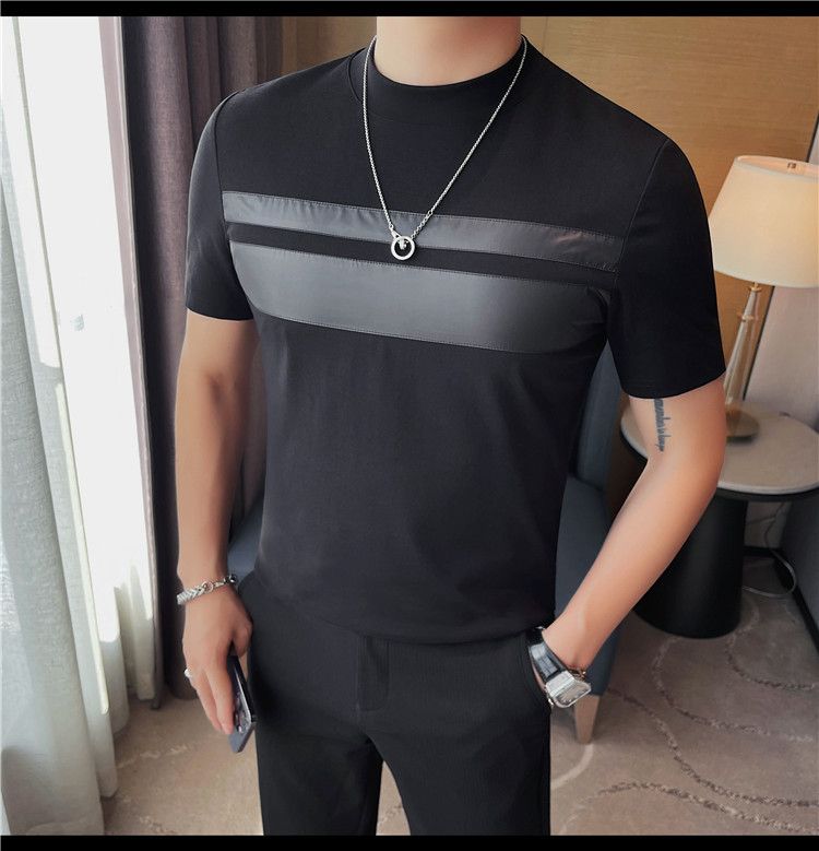 2024 Summer New Men's Short-sleeved T-shirt Chest Patch Contrasting Color Men's Elastic Half-sleeved Bottoming Shirt Round Neck Tide_voghion.com