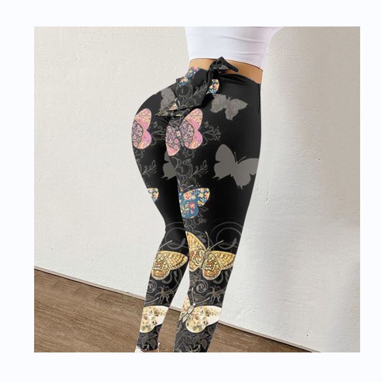 Pantaloni da yoga da yoga da donna con stampa multicolore antirughe sull'anca, dimagranti a vita alta, con fiocco elasticizzato_voghion.com