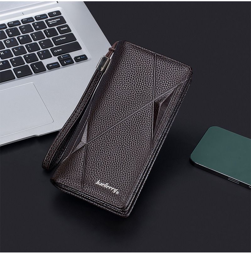 New Men's Wallet Long baellerry Business Casual Litchi Pattern Zipper Clutch Multi-Card Wallet_voghion.com