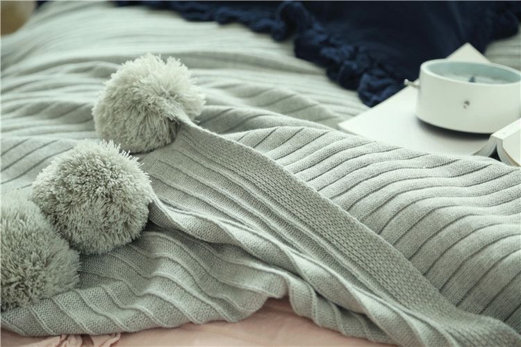 Lätt lyxig nordisk enkel helbomull svart tylbollfilt hotell hemvistelse sovrum ullfilt sängöverkast_voghion.com