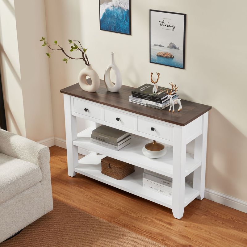 Retro Design Console Table With Two Open Shelves, Pine Solid Wood Frame And Legs For Living Room_voghion.com