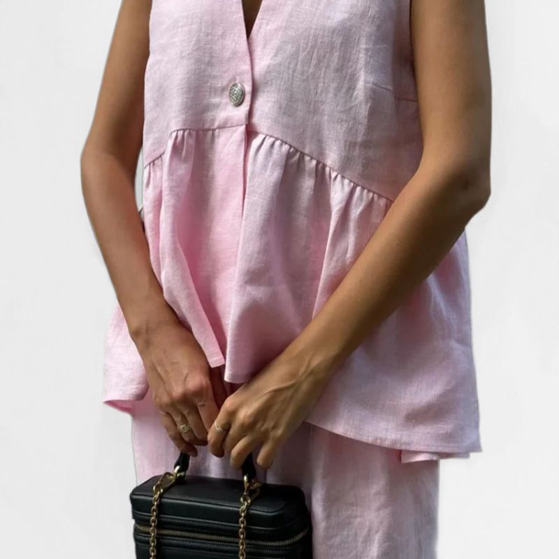 Set di pantaloni lunghi senza maniche con scollo a V semplice casual da donna, estate autunno 2025, per donna_voghion.com