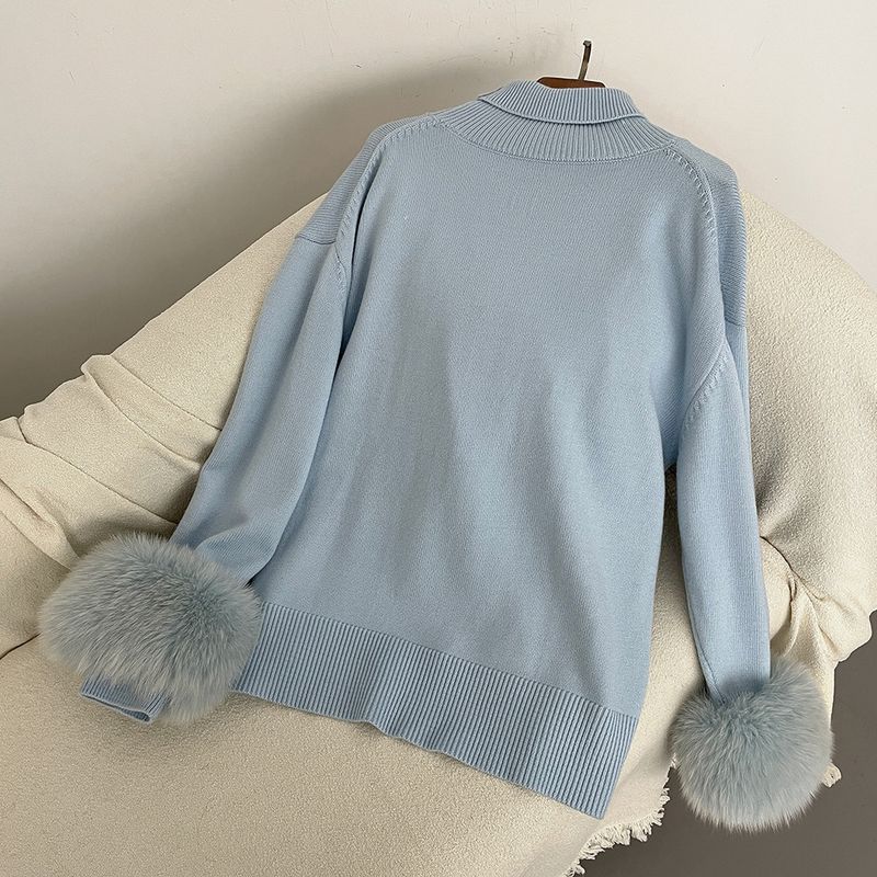 Damenbekleidung Heißer Verkauf Damen Herbst und Winter neuer verdickter hochgeschlossener lockerer Strickpullover mit abnehmbaren Manschetten aus echtem Fuchs_voghion.com