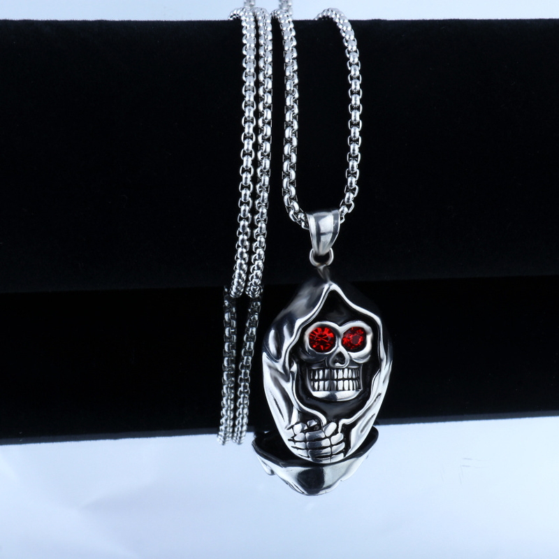 Trendy Halskette mit Anhänger in Totenkopfform, Herrenhalskette, modischer böhmischer Anhänger mit rotem Kristall, eingelegter Anhänger, Zubehör, Partyschmuck_voghion.com