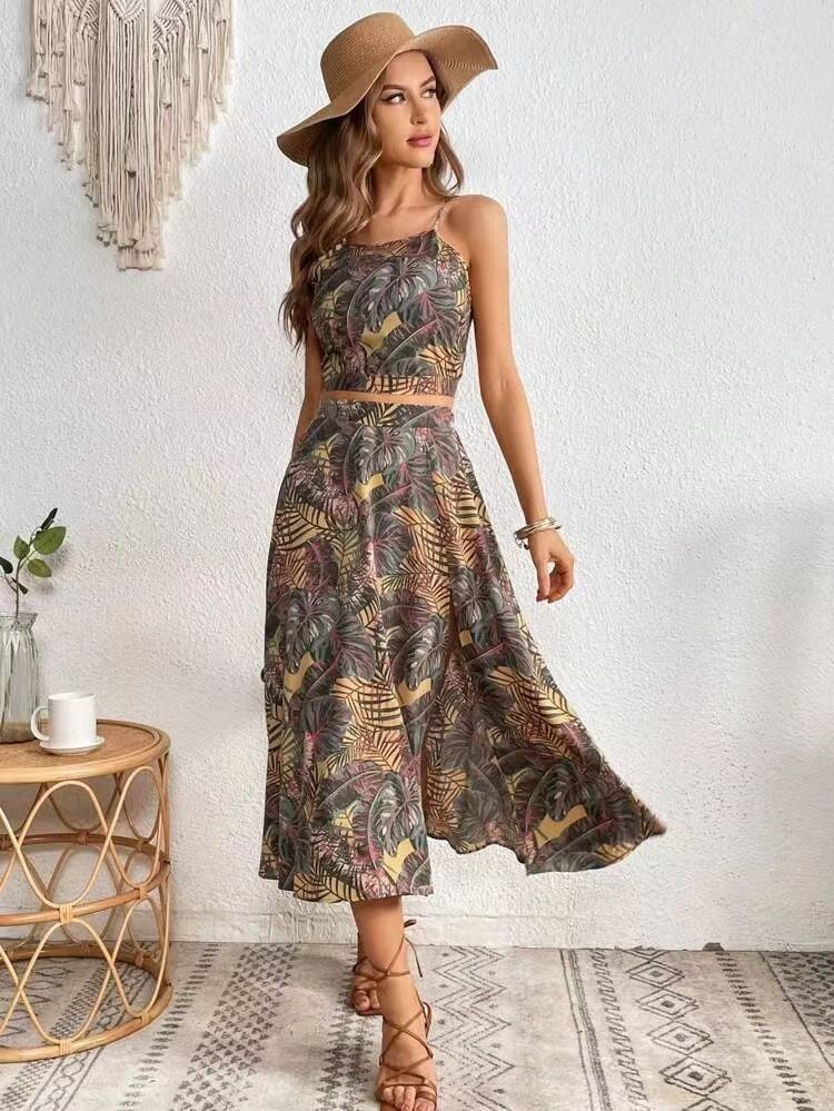 Robe d'été deux pièces imprimée à fermeture éclair pour femme, couleur unie, nouvelle collection 2025, résistante et respirante_voghion.com