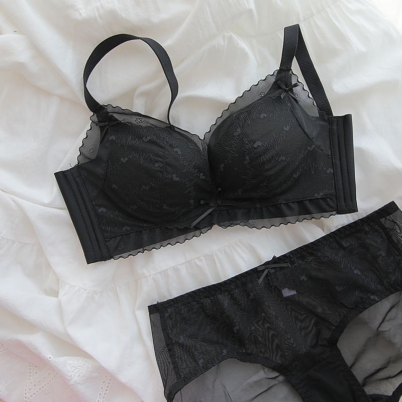 Mädchenhaft, sanft und cool ~ Französischer Stil Herzspitze Push-up-BH-Set für kleine Oberweite, kabellos, Modal, für Damen_voghion.com