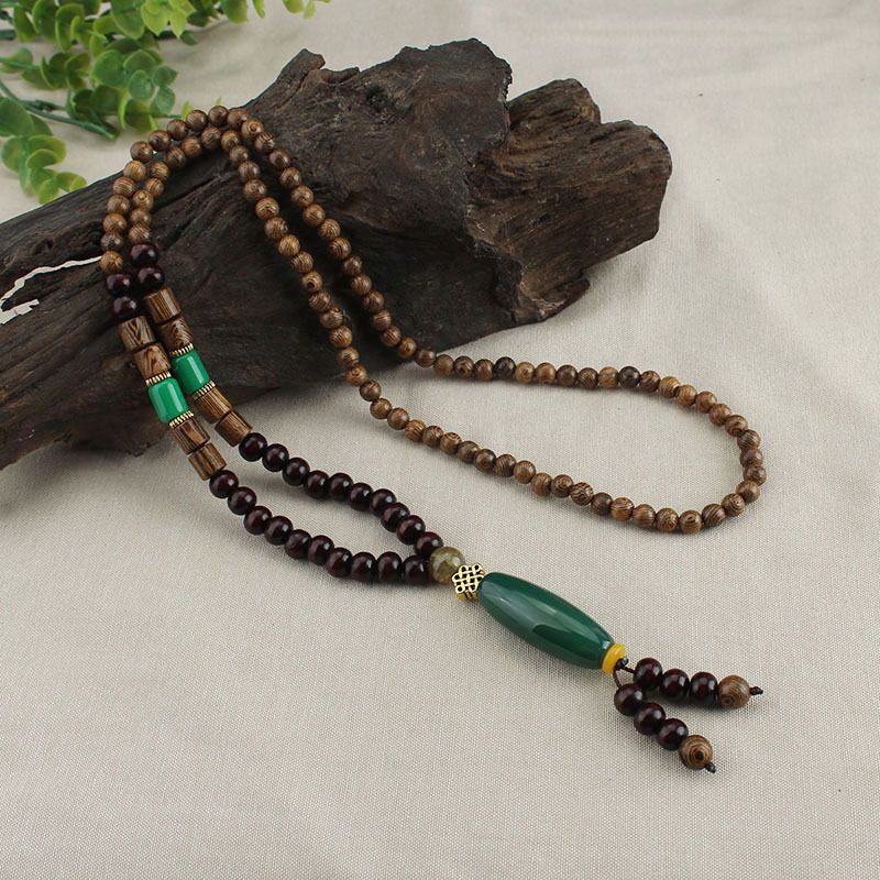 Collana lunga per maglione in stile etnico, ciondolo Bodhi, collana con perline di legno, accessori con ciondolo in cotone e lino per uomo e donna_voghion.com