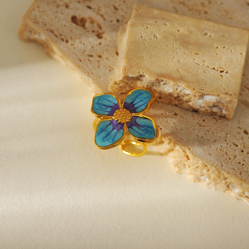Anello blu-viola con fiore di olio che gocciola, anello in acciaio inossidabile placcato oro versatile e alla moda personalizzato_voghion.com