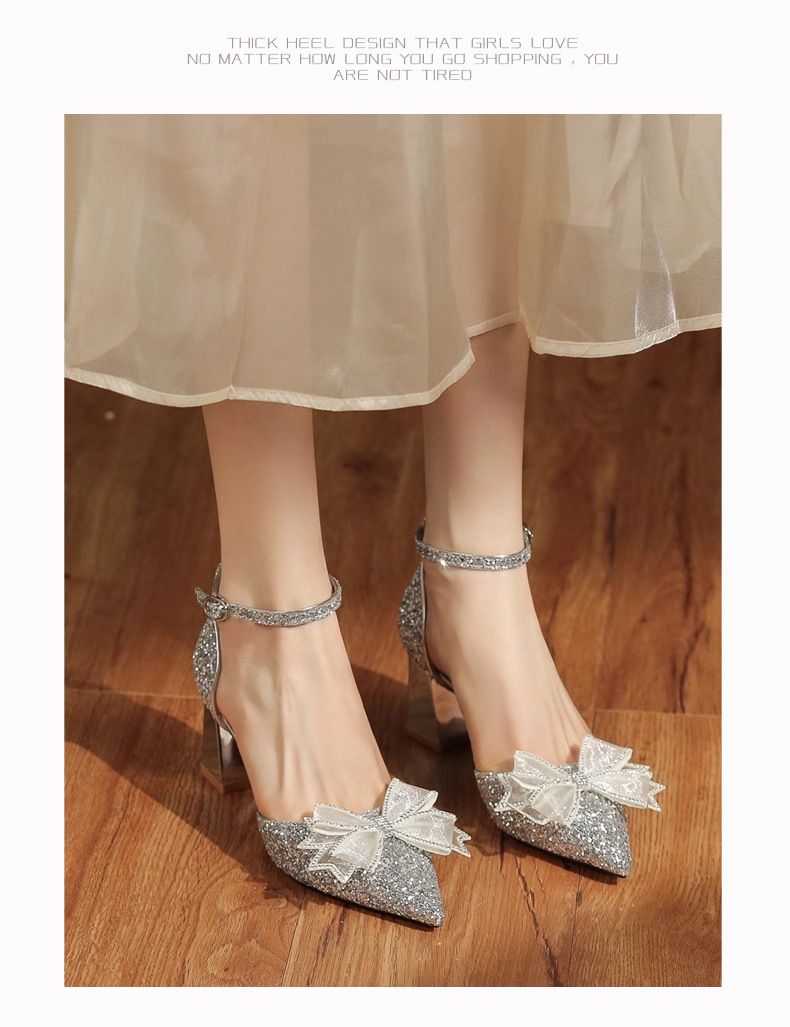 6666E-002 Buty na grubym obcasie z kokardą i cekinami, z jednym paskiem, czerwone, na wysokich obcasach, eleganckie wesele bankietowe_voghion.com