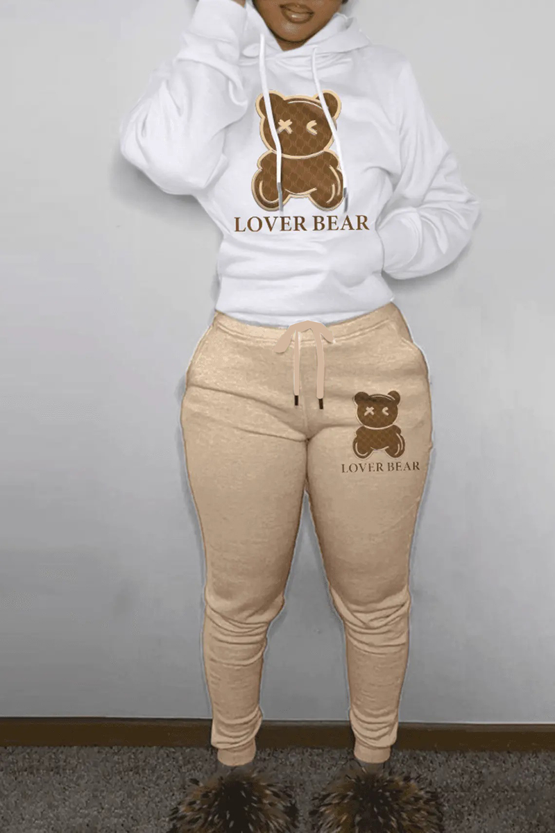 Set di pantaloni della tuta stampati con testa d'orso da donna con cappuccio_voghion.com