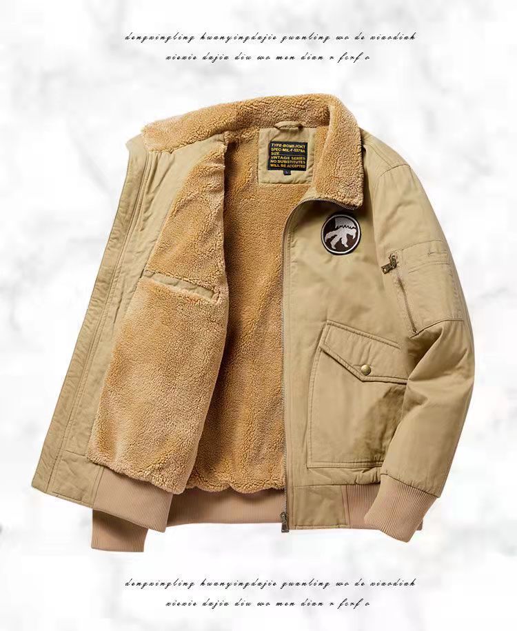Bomberjacke für Herren, mit Fleece gefütterter Baumwollmantel mit dicker, warmer Wattierung, übergroßer Arbeitskleidungsstil, mehrere Taschen – Khaki, Marineblau, Armeegrün_voghion.com