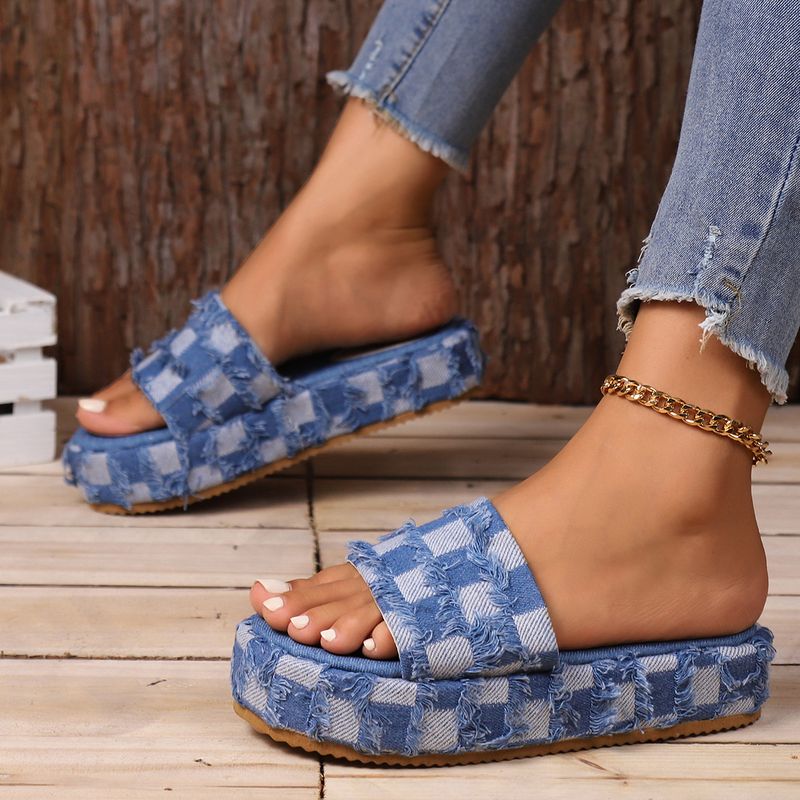 Plus-Size-Slipper mit wolligem lässigem Denim-Plaid-Fransen-Plateau-Slipper Lady_voghion.com