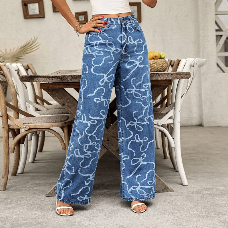 Pantaloni larghi in denim lavato da donna, casual, con stampa, a gamba larga - Comodi pantaloni a vita alta in misto cotone per tutti i giorni (blu, XS/S/M/L/XL)_voghion.com