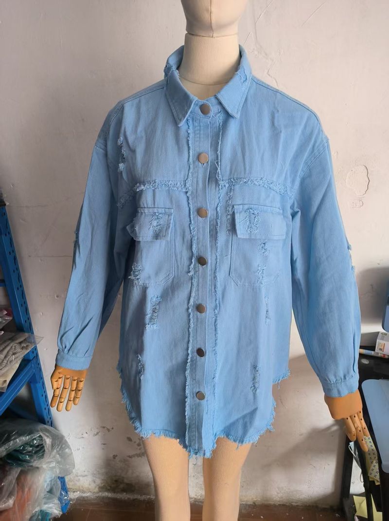 Giacca in denim effetto used da donna, oversize, a maniche lunghe, casual, in tinta unita_voghion.com