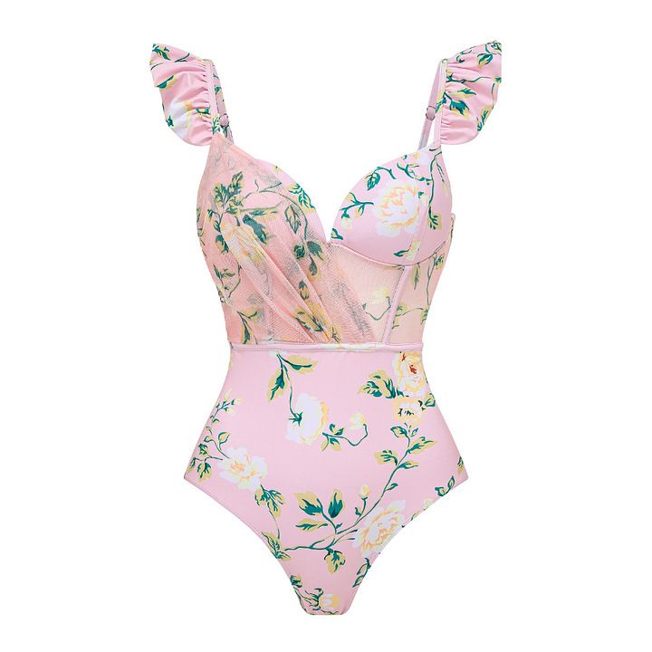 Women's new swimwear women's Mini ruffled sweet pink floral beach vacation one-piece swimsuit suit_voghion.com
