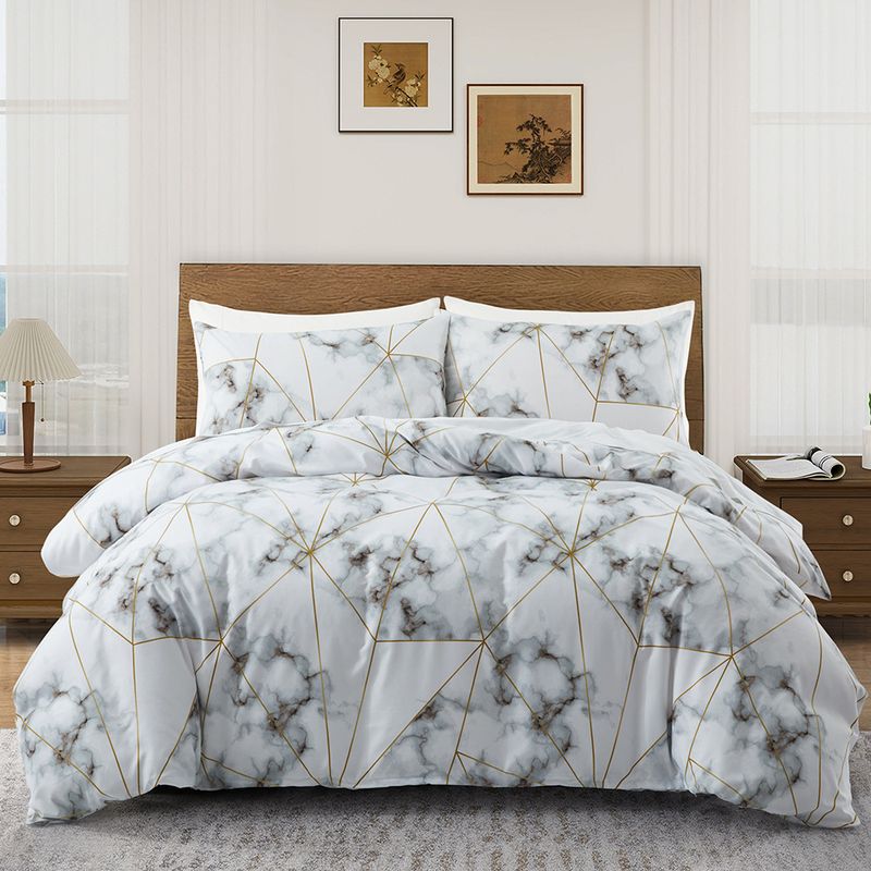 Parure de lit trois pièces avec housse de couette imprimée recto verso en marbre noir et blanc abstrait_voghion.com