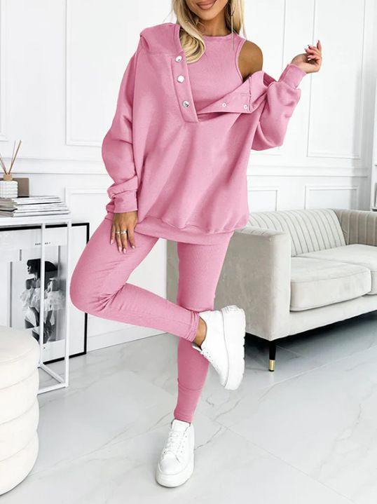 Ensemble 3 pièces pour femme : sweat à capuche, gilet côtelé et jogging – Tenue de détente athlétique (noir/blanc/bleu marine/12 couleurs, S-XXXL)_voghion.com