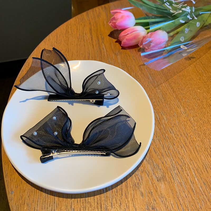 Forcina per capelli con fiocco in maglia nera per donna, stile temperamento di alta qualità, clip laterale Mori, bellissima clip laterale_voghion.com