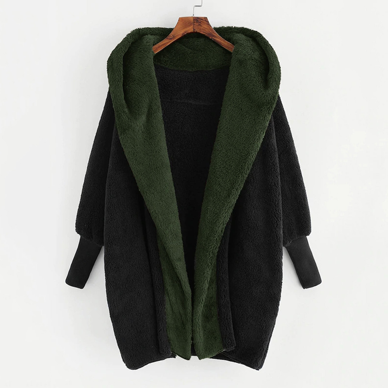 Damjacka med färgblockad lös cardigan med luva i sammet_voghion.com