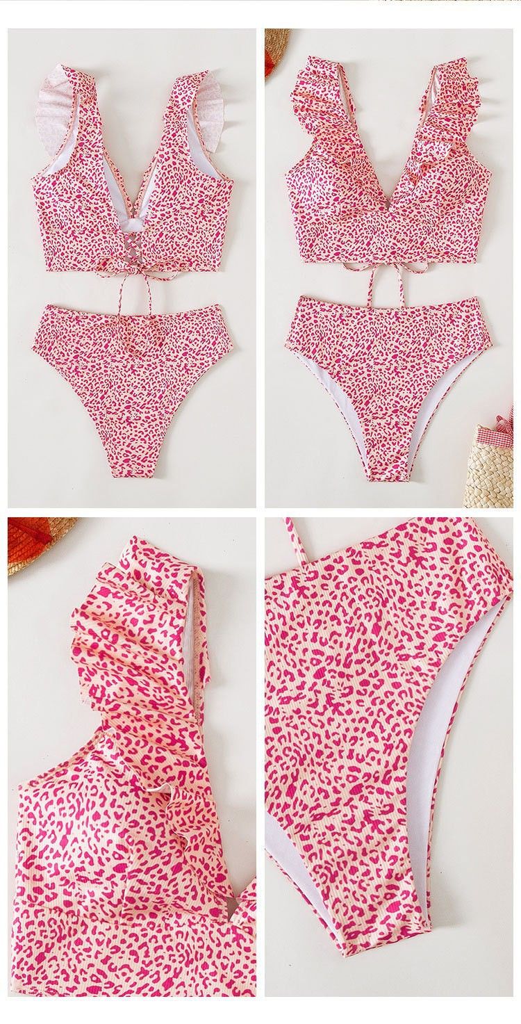 Maillot de bain fendu multicolore à volants et col en V pour femme, bikini taille haute fendu_voghion.com