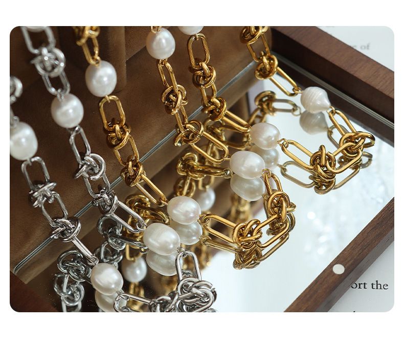 Conjunto de joias femininas - Colar e pulseira elegantes de corrente torcida de pérola banhada a ouro e titânio estilo francês, acessórios minimalistas estilo boho chique_voghion.com