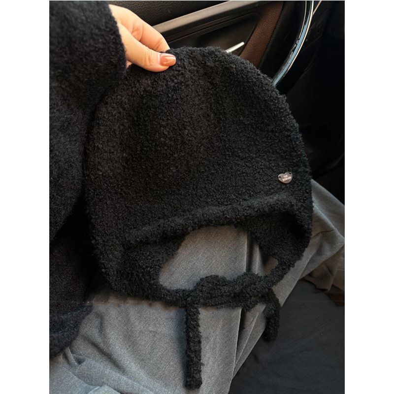 Autumn Winter Warm Wool Blend Fluffy Ear Protection Balaclava For Women Large Head Circumference Face Slimming Knitted_voghion.com