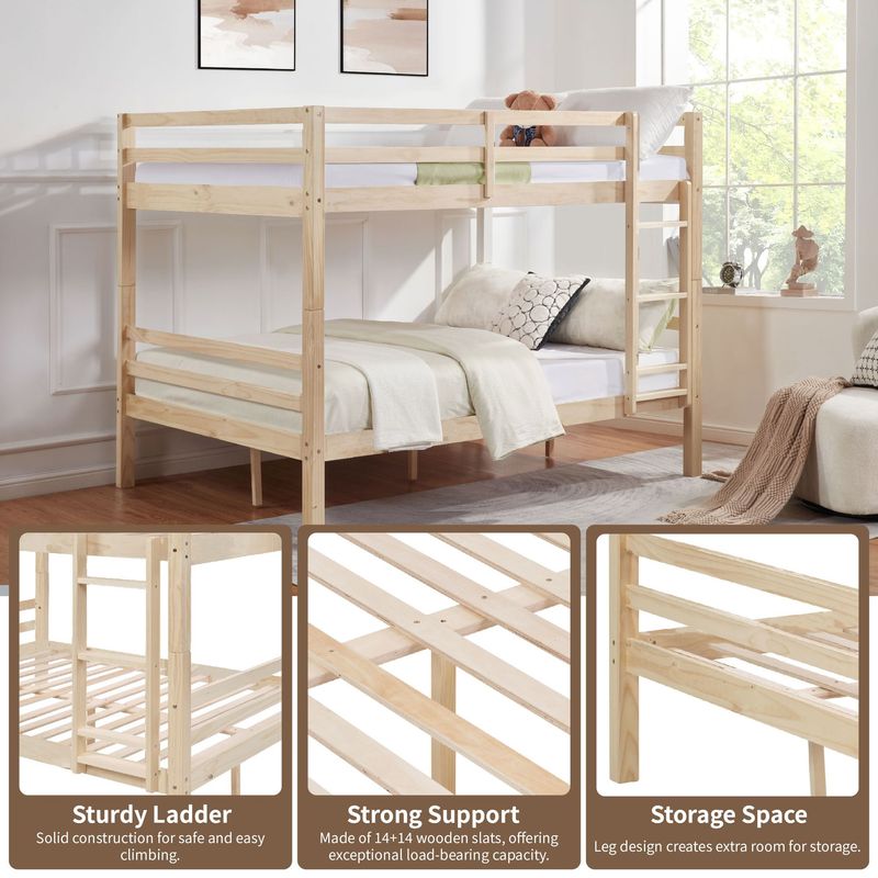 Full Over Full Bunk Bed With Thick Posts,Wooden Bunk Bed With High Guardrail And Ladder For Kids, Teens, Dorm Rooms, And Guest Rooms,No Box Spring Needed, Natural_voghion.com