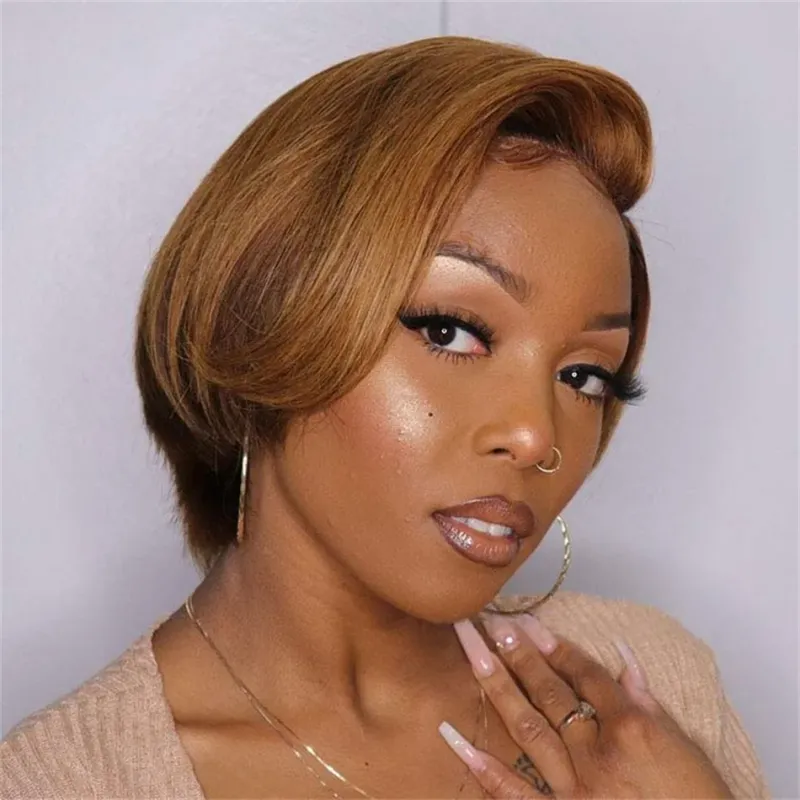Parrucca corta Bob Pixie Cut Capelli umani 13x4 Frontale in pizzo per donne Parrucca liscia con mèches_voghion.com