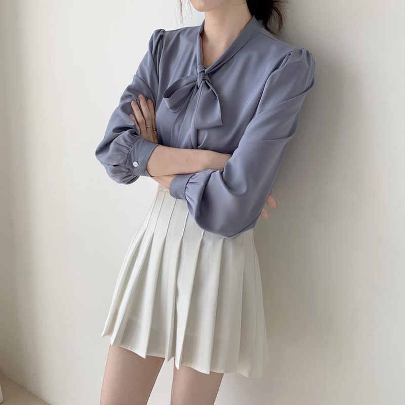 K New Bow Tie Design Women's Shirt; Minority Professional Style Satin Blouse With Sash_voghion.com