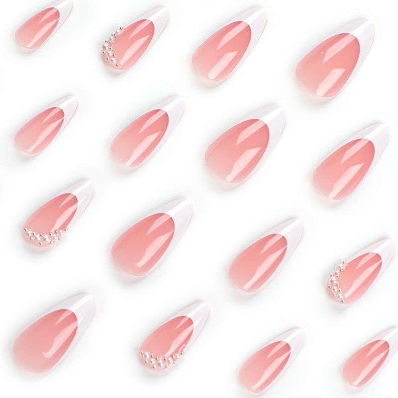 Minimalistischer französischer weißer Rand mit Perlenmandel-Falschaufkleber, tragbares Nagelpanel_voghion.com