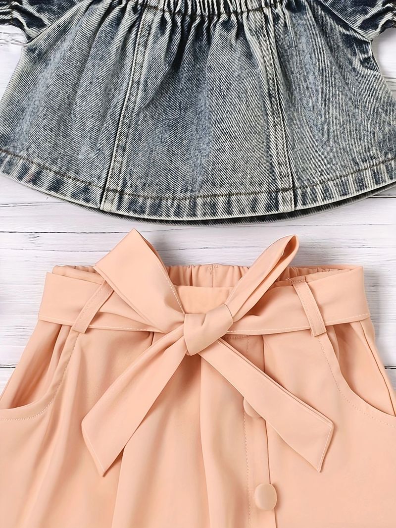 "Kids' Denim Wash Short-Sleeve Top + Asymmetrical Skirt & Belt 3-Piece Set – Soft Cotton Blend, A-Class Safe, Stylish For 3-8 Years (90-130cm)"_voghion.com