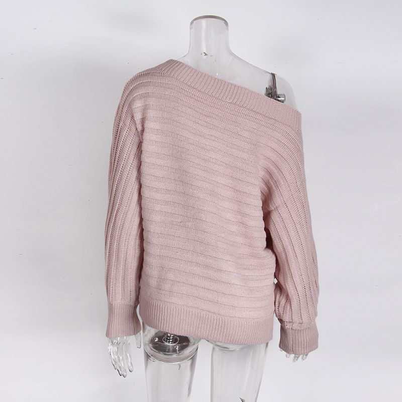 Eleganter Strickpullover mit Fledermausärmeln und U-Boot-Ausschnitt für Damen – weicher Acrylstoff, entspannte Passform, vielseitiger Pullover in Volltonfarbe für Herbst und Winter_voghion.com