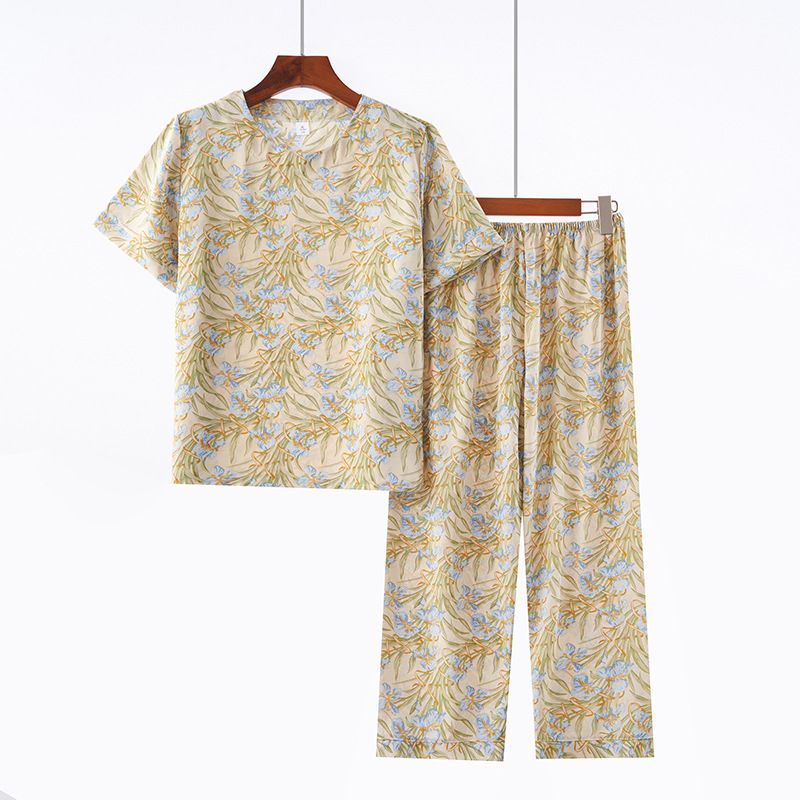 Conjunto de duas peças para mulheres de meia-idade e idosas, verão, gola redonda, estampado, manga curta, solto, casual, confortável, avó_voghion.com