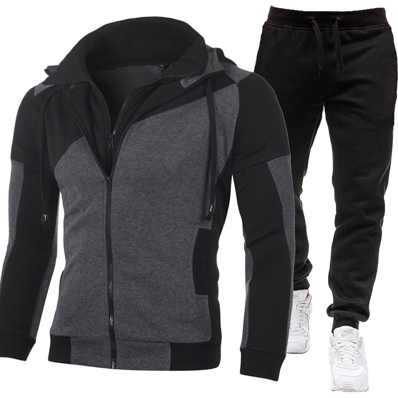 New men's suit personalized color blocked double-layer zipper hooded cardigan slim fit sweatshirt sweatpants_voghion.com