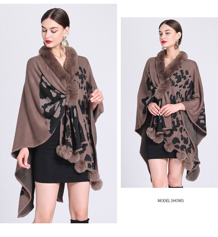 Mantella con collo di pelliccia, mantello con palla di pelliccia, mantello jacquard in maglia larga, cappotto di grandi dimensioni_voghion.com