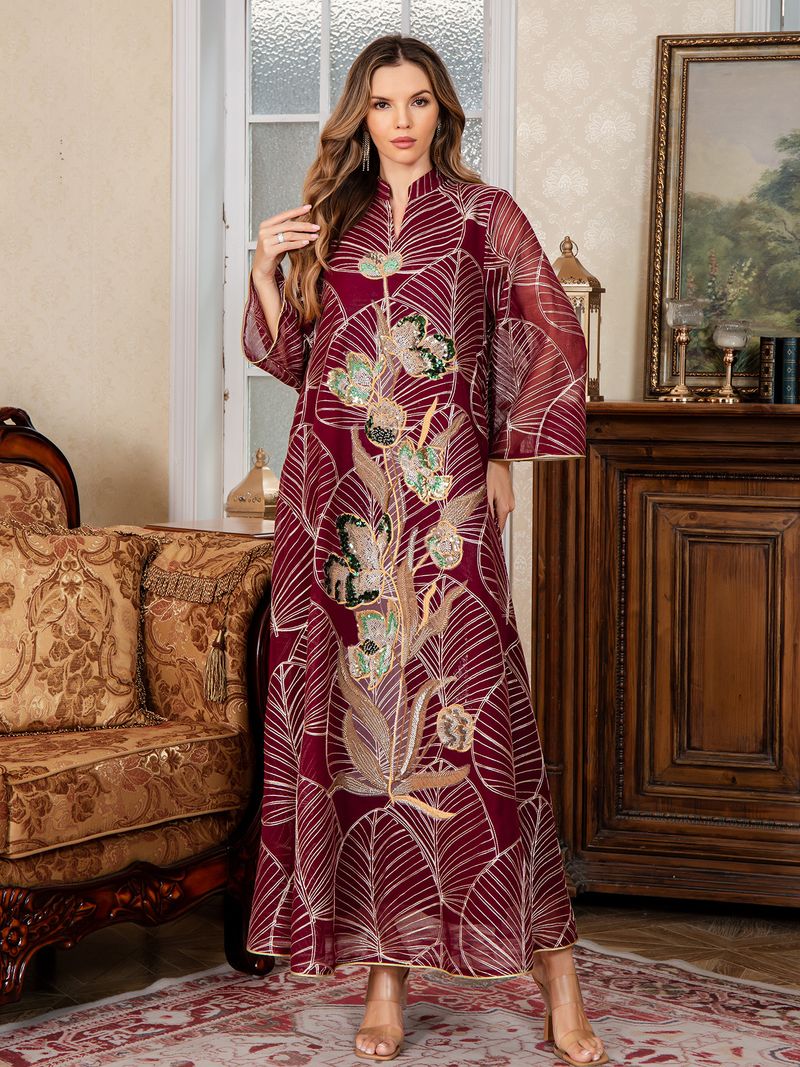 Elegante abito Abaya ricamato – Abito lungo musulmano a maniche lunghe per donna (M-XXL, rosso/beige/verde)_voghion.com