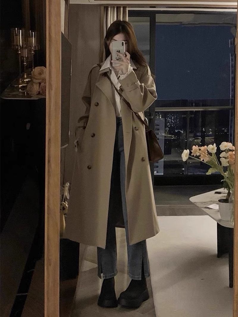 Nieuwe lente- en herfstwindjas in Britse stijl van topkwaliteit voor dames, middellang tot lang, klein, populaire kaki jas_voghion.com
