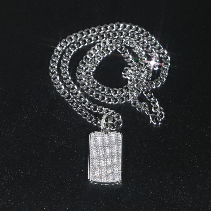 Collier à chaîne cubaine nue en zircon incrusté d'étiquette carrée militaire pour hommes et femmes, bijoux hip-hop_voghion.com