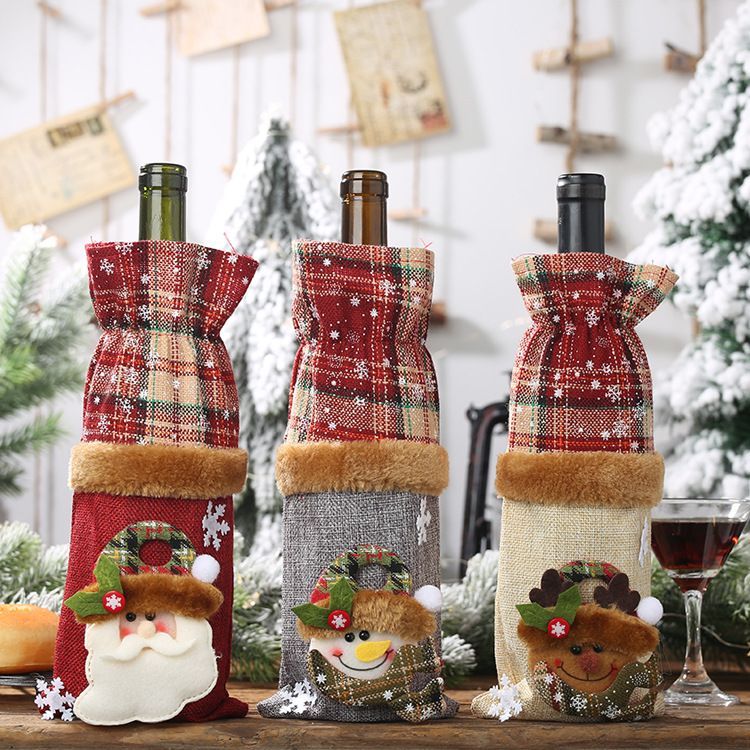 Christmas Haube new Christmas decorations wine bottle set Plaid linen wine bottle decoration wine champagne creative wine bottle bag_voghion.com