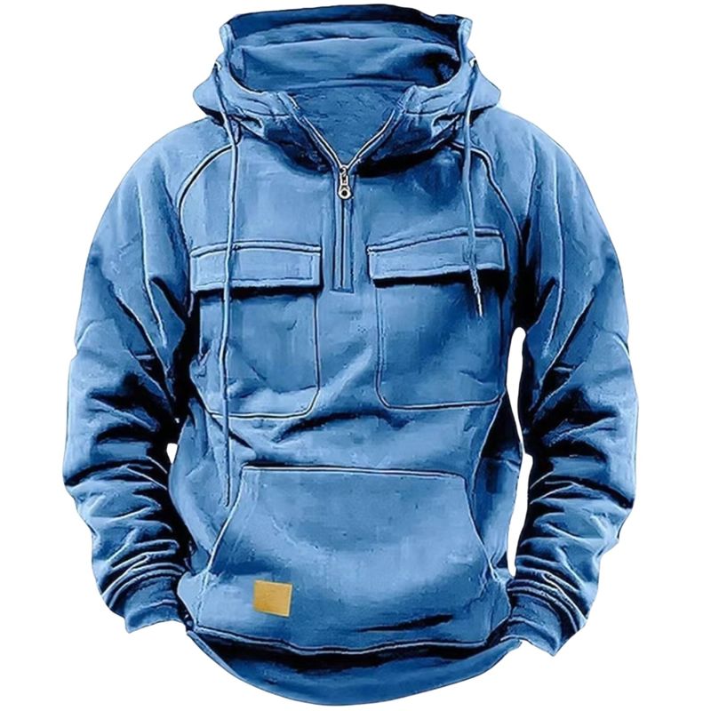 Taktisches Kapuzen-Sweatshirt mit halbem Reißverschluss für Herren, einfarbiges, warmes Fleece-Sweatshirt im Workwear-Stil, Kapuzenjacke mit mehreren Taschen für Herren_voghion.com