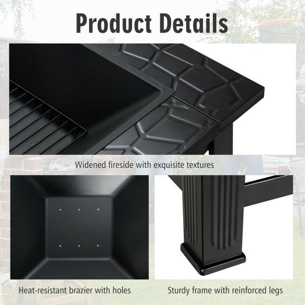 32 Inch 3 In 1 Outdoor Square Fire Pit Table With BBQ Grill And Rain Cover For Camping_voghion.com