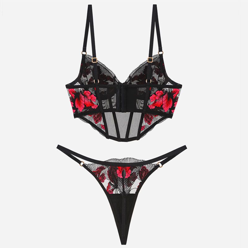 Women's Intimates Fishbone Ins Gather Small Chest To Show Big Anti Drooping High Quality Embroidered Eyelash Underwear 2 Piece Set_voghion.com