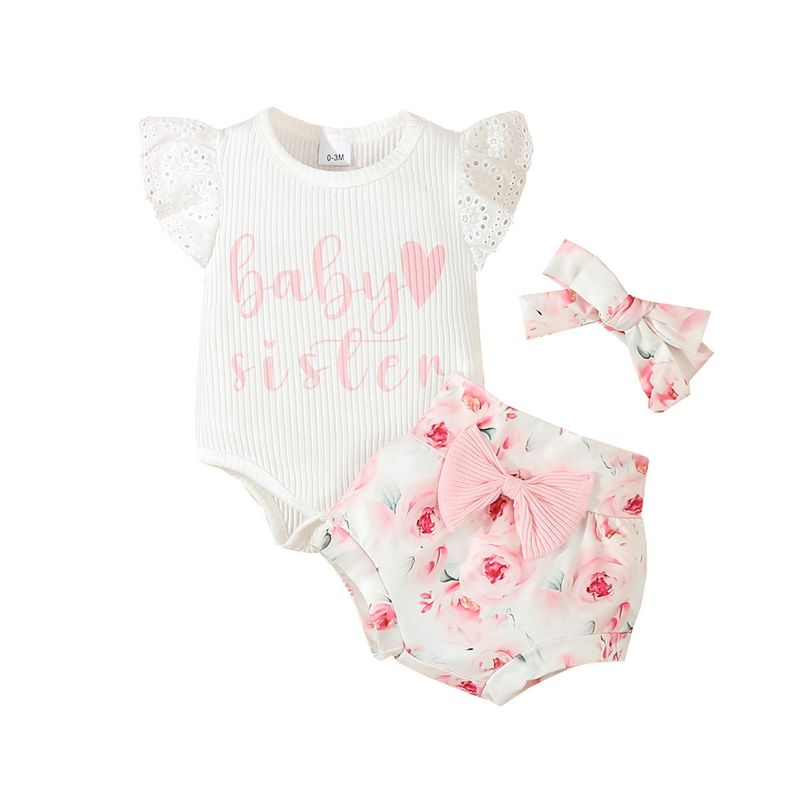 Adorabile completo da neonato composto da 3 pezzi con ricamo di lettere e stampa a fiocco, in morbida maglia di cotone, comodo ed elegante per neonati (0-12 mesi)_voghion.com