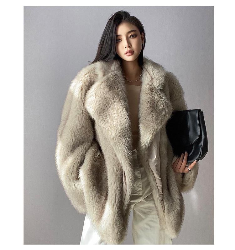 Women's Clothing Luxury Faux Fox Fur Coat Women's Longline Casual Oversized Lapel Plush Jacket - Coffee Tip / White With Yellow Tip_voghion.com