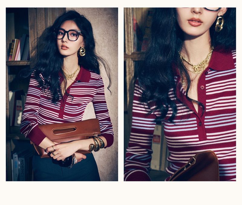 New Autumn Striped Color-Block Turn-Down Collar T-Shirt Wool Top Knitted Women's Sweater POLO_voghion.com