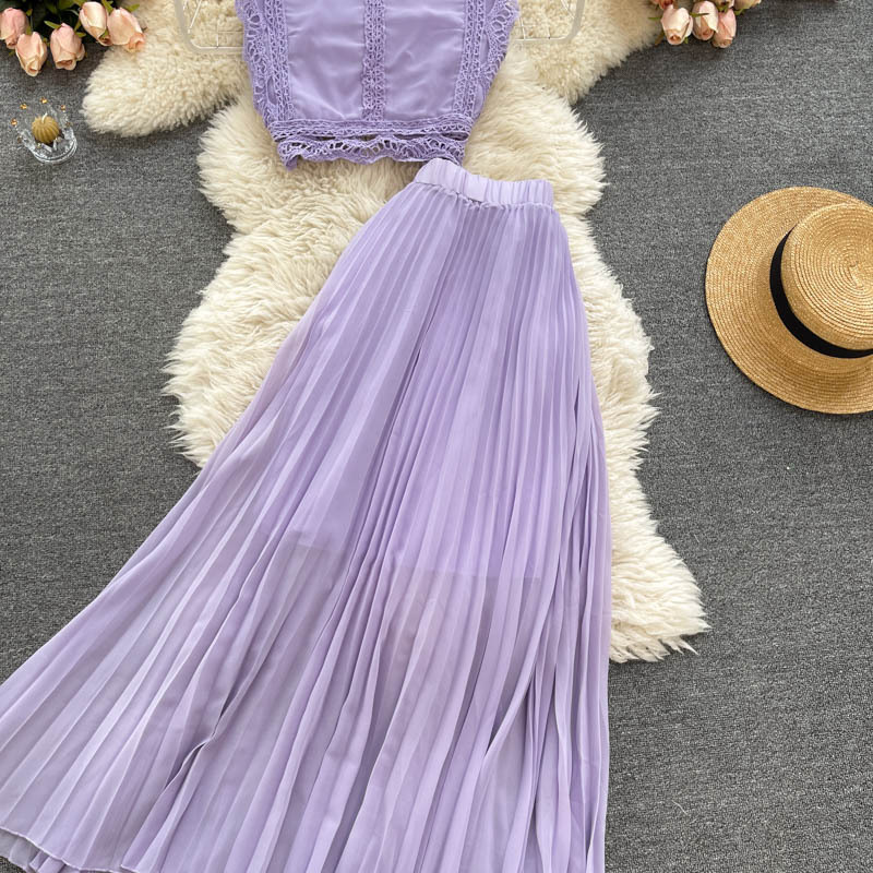 Haut en dentelle pour femmes, taille 1, jupe plissée en mousseline de soie, costume deux pièces_voghion.com