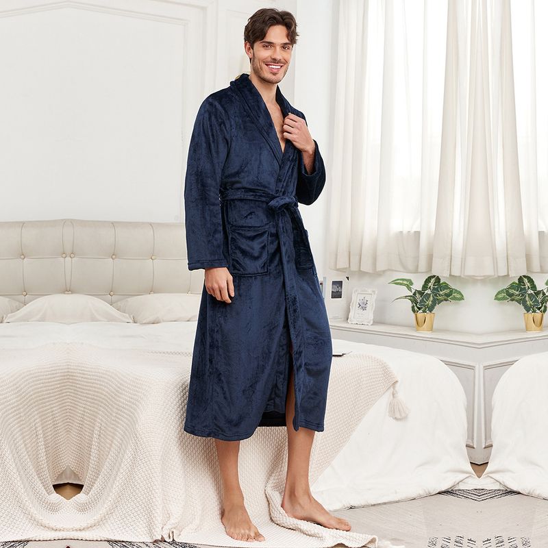 Herbst und Winter verdickt bequem Revers einfarbig Bademantel Herren Nachthemd_voghion.com