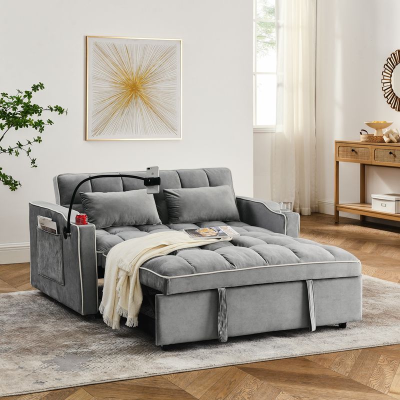 55.51 Inch Versatile Foldable Sofa Bed In 3 Lengths, Modern Sofa Sofa Sofa Velvet Pull-out Bed, Adjustable Back And With USB Port And Ashtray And Swivel Phone Stand (Grey)_voghion.com
